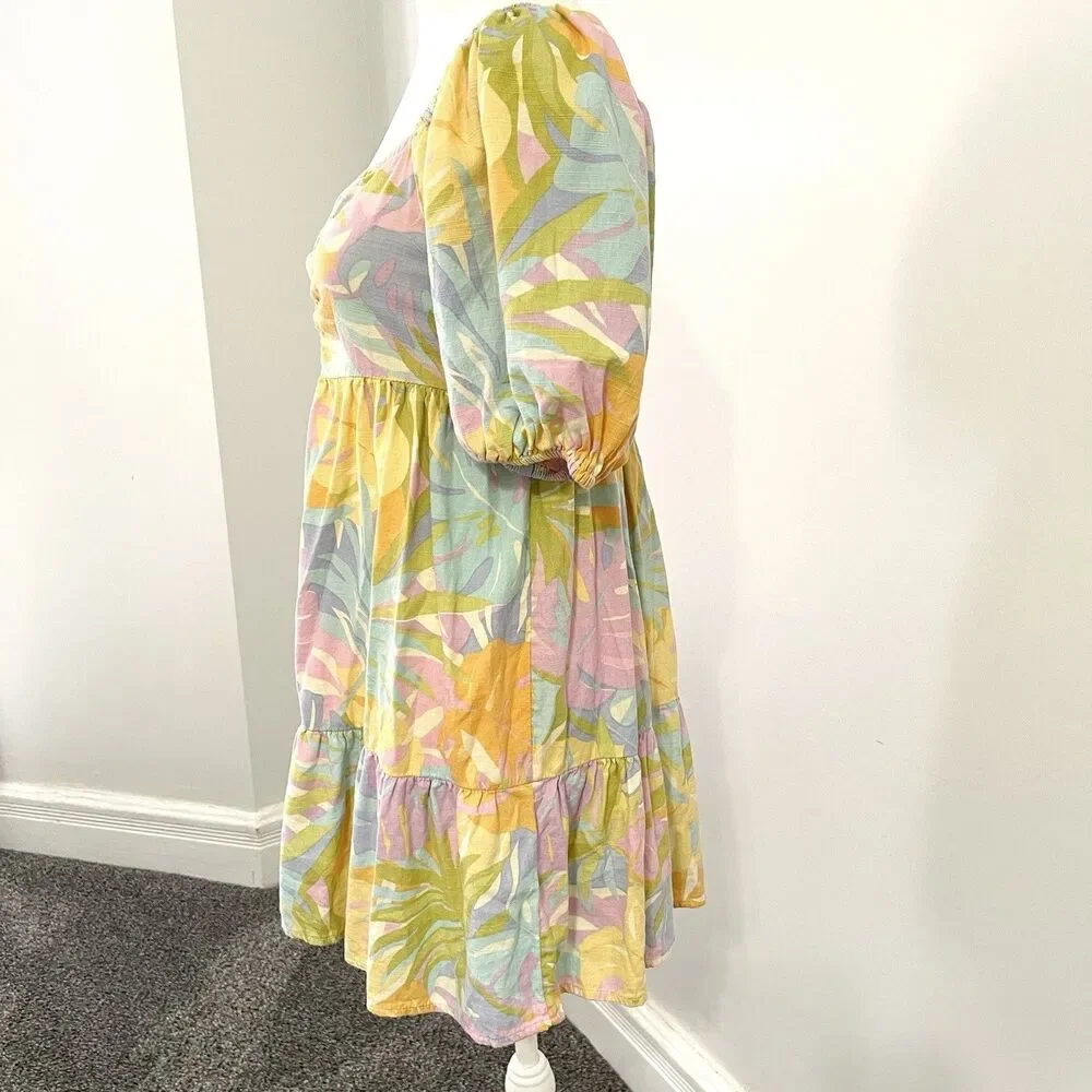 Billabong Be Mine Mini Dress Womens Medium Cotton Viscose Pastel Puff Sleeve - Picture 4 of 14